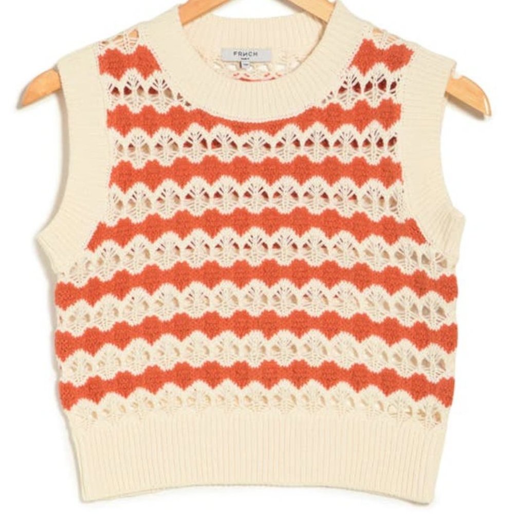 FRNCH Crochet Knit Sweater Vest in Cream Red Orange Stripe